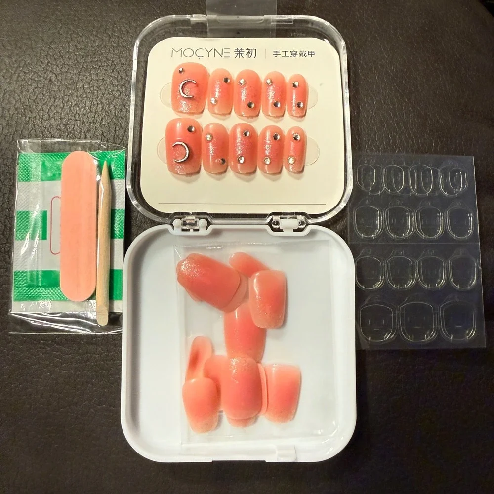 Mocyne 24pc Press On Nails NEW Celestial Moon Rhinestone Peach Pink